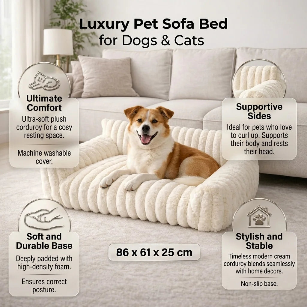 Premium Corduroy Pet Sofa Bed – Soft Fleece Indoor Chair with Supportive Back for Dogs & Cats